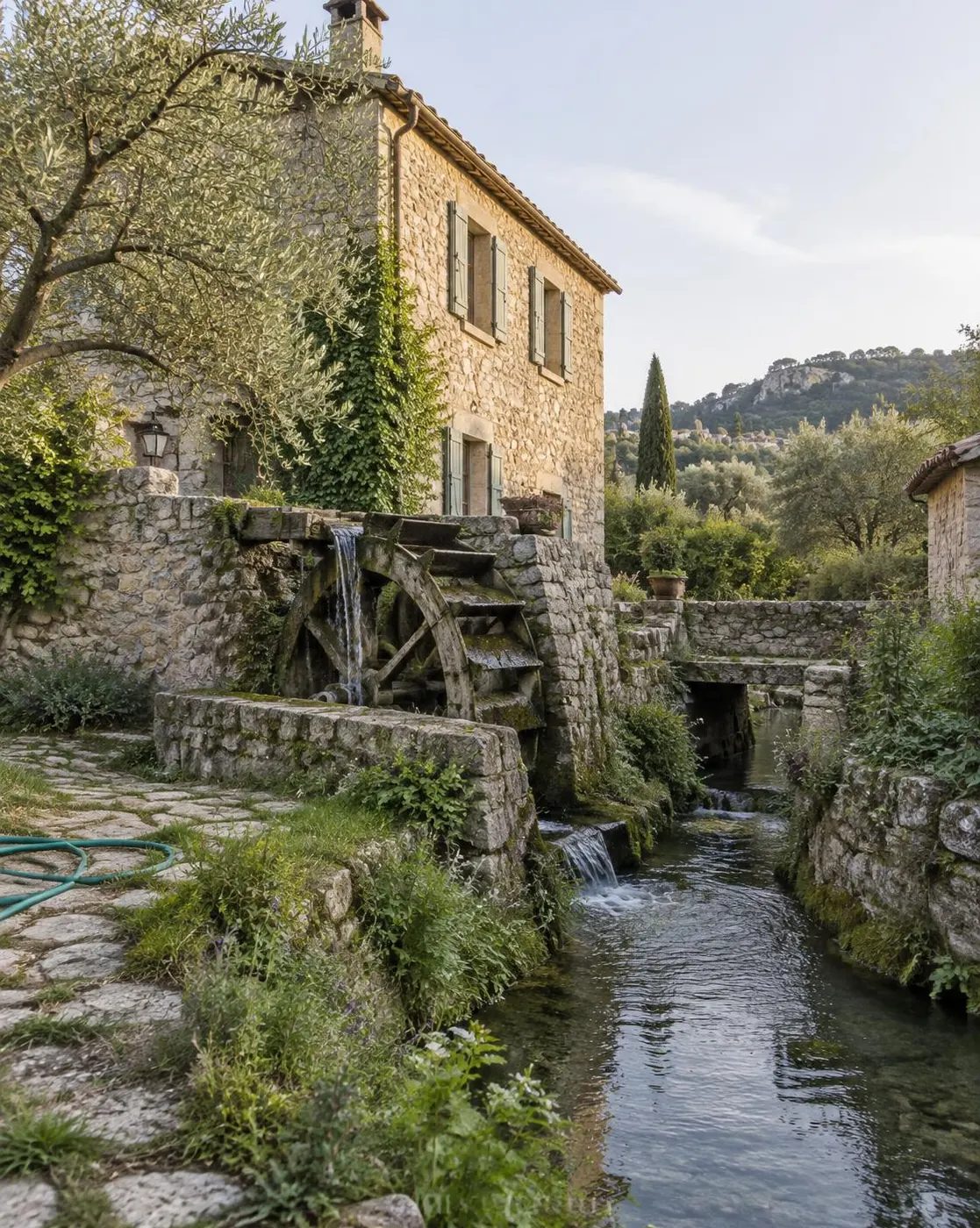Ancien moulin à eau en pierre rénové avec sa roue conservée