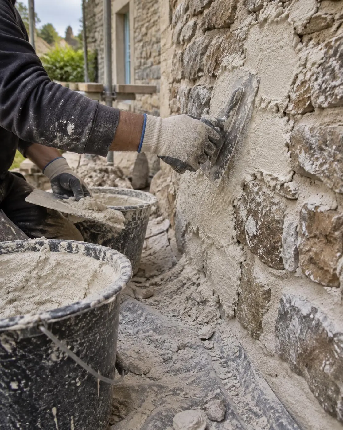 Mains gantées d'un artisan appliquant un enduit à la chaux sur un mur en pierre
