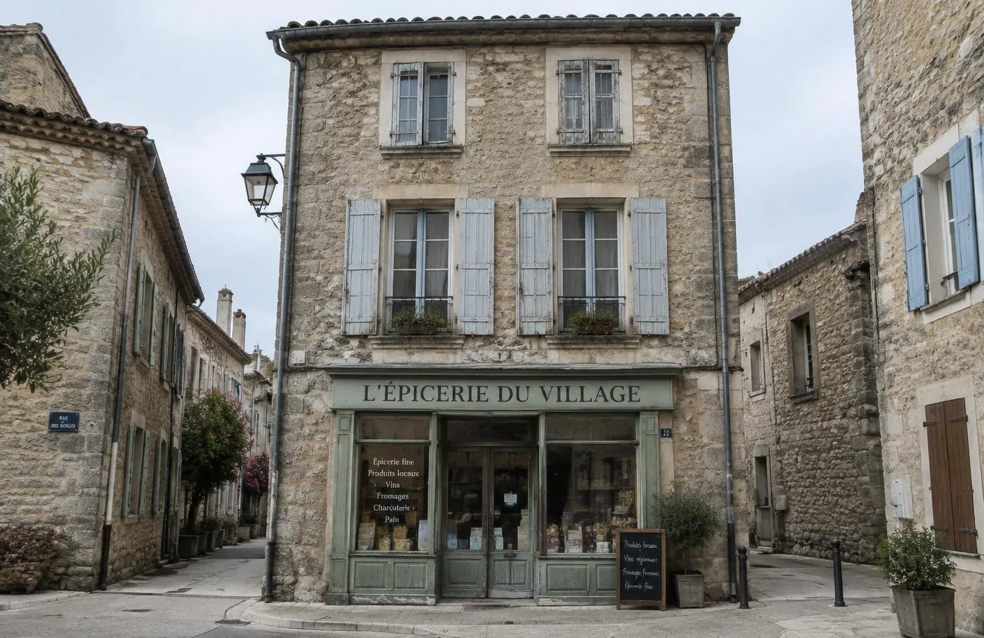 Petit immeuble ancien en pierre de trois niveaux avec commerce au rez-de-chaussée, centre de village