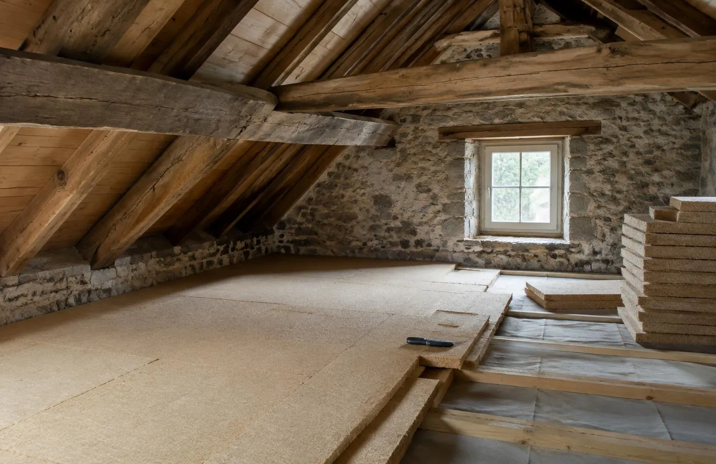 Combles d'une maison en pierre sous charpente ancienne, panneaux de fibre de bois prêts pour l'isolation