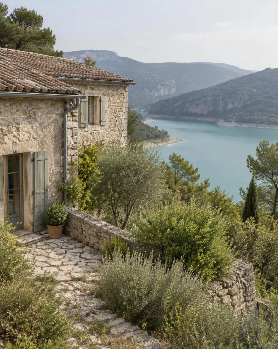 Maison en pierre dominant un lac de retenue aux eaux turquoise entouré de collines boisées
