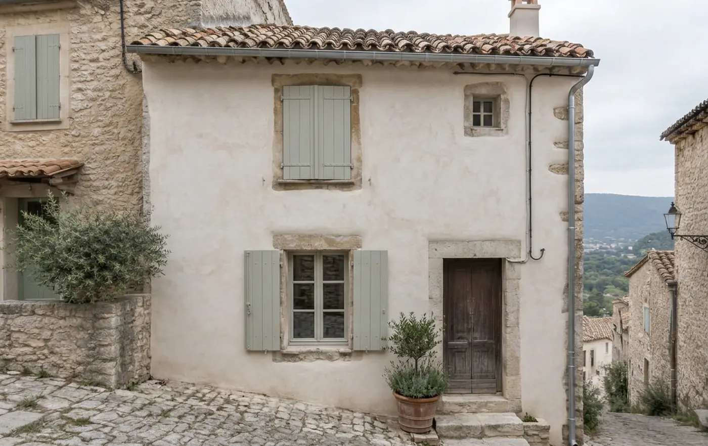 Maison de village en pierre après rénovation, façade reprise à la chaux