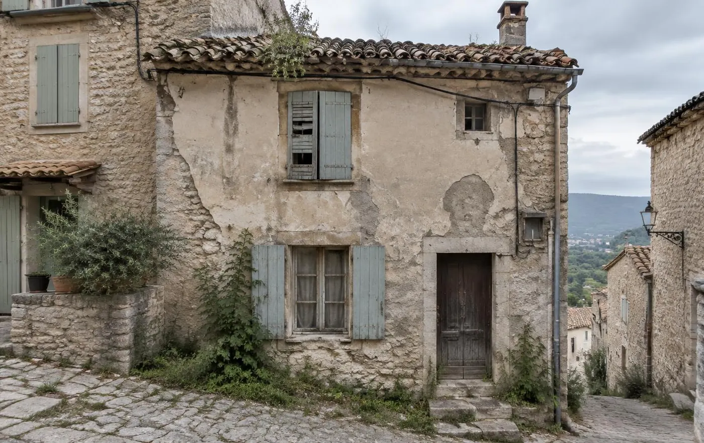 Maison de village en pierre avant rénovation, façade dégradée